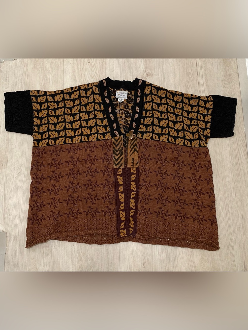 Vintage Veranda Wear Handwoven Cotton Knit Cardigan Sweater Guatemala Leaf OS